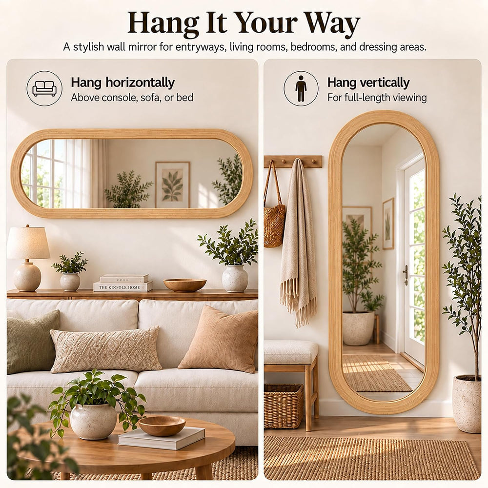 20" x 52" Long Oval Full Length Wall Mirror, Bamboo Strip Frame