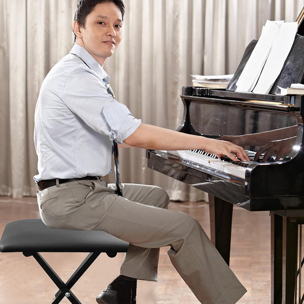 Adjustable Black Piano Bench with Padded Leather Cushion Wooden Benches for K...