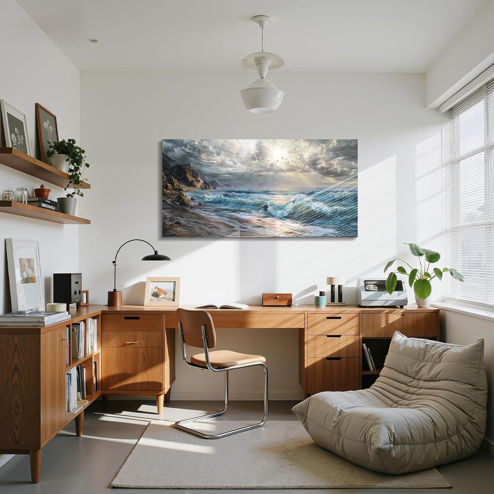 imjiayu Large Ocean Canvas Wall Art, Realistic Wave Sunburst 24"x48"