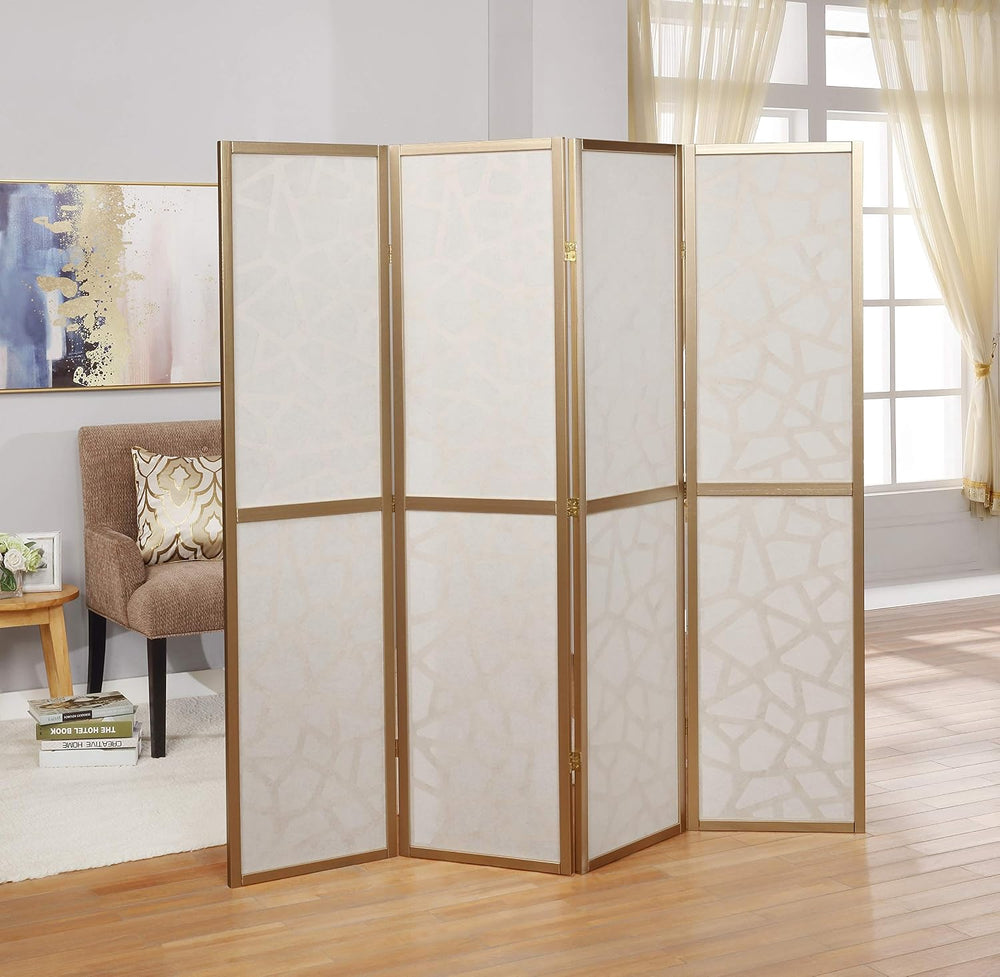Roundhill Furniture Giyano 4 Panel Screen Room Divider, White Screen with Gol...