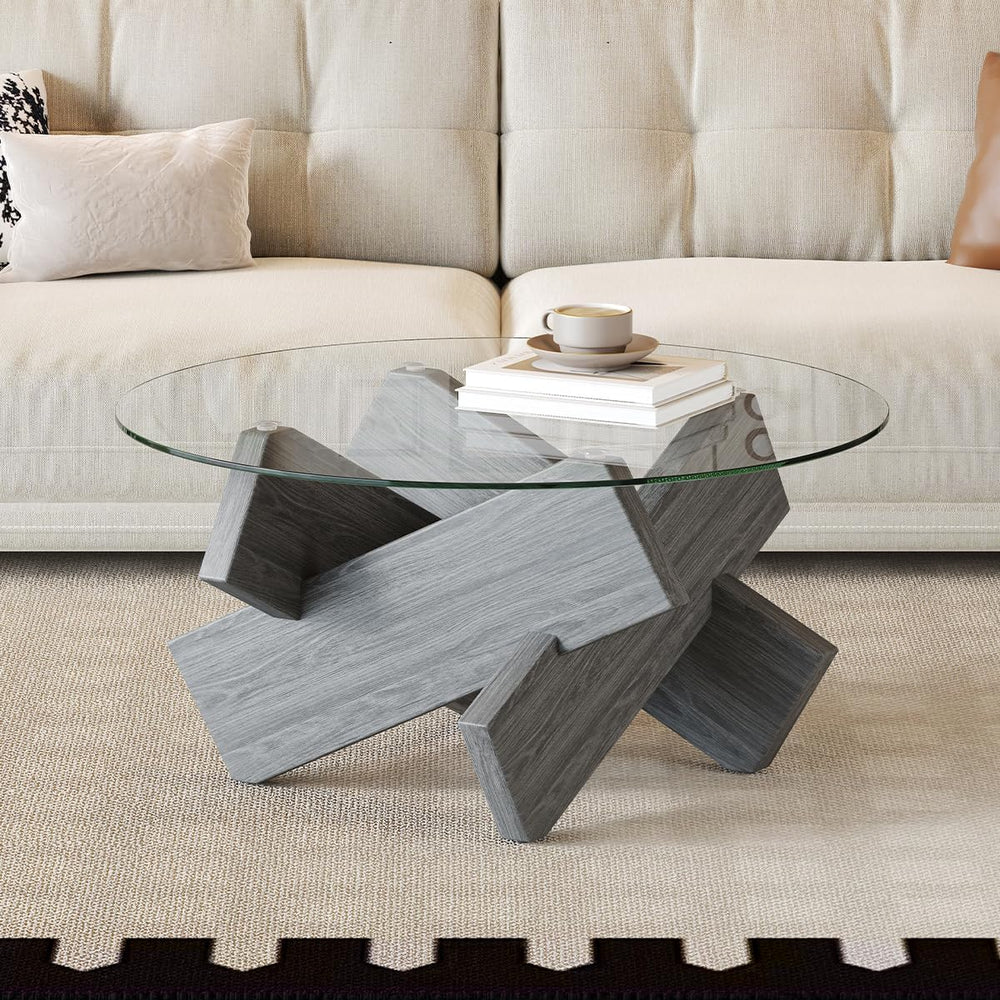 Gray Round Glass Coffee Table,33" Round Coffee Tables for Living Room Cl...