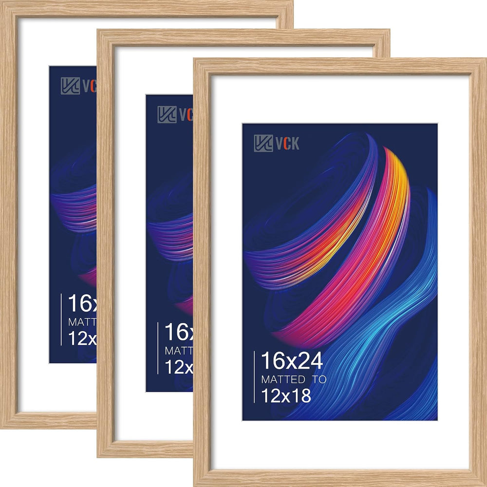 VCK 16x24 Frame 3 Pack, Oak Wood, 12x18 Mat, for Picture Print