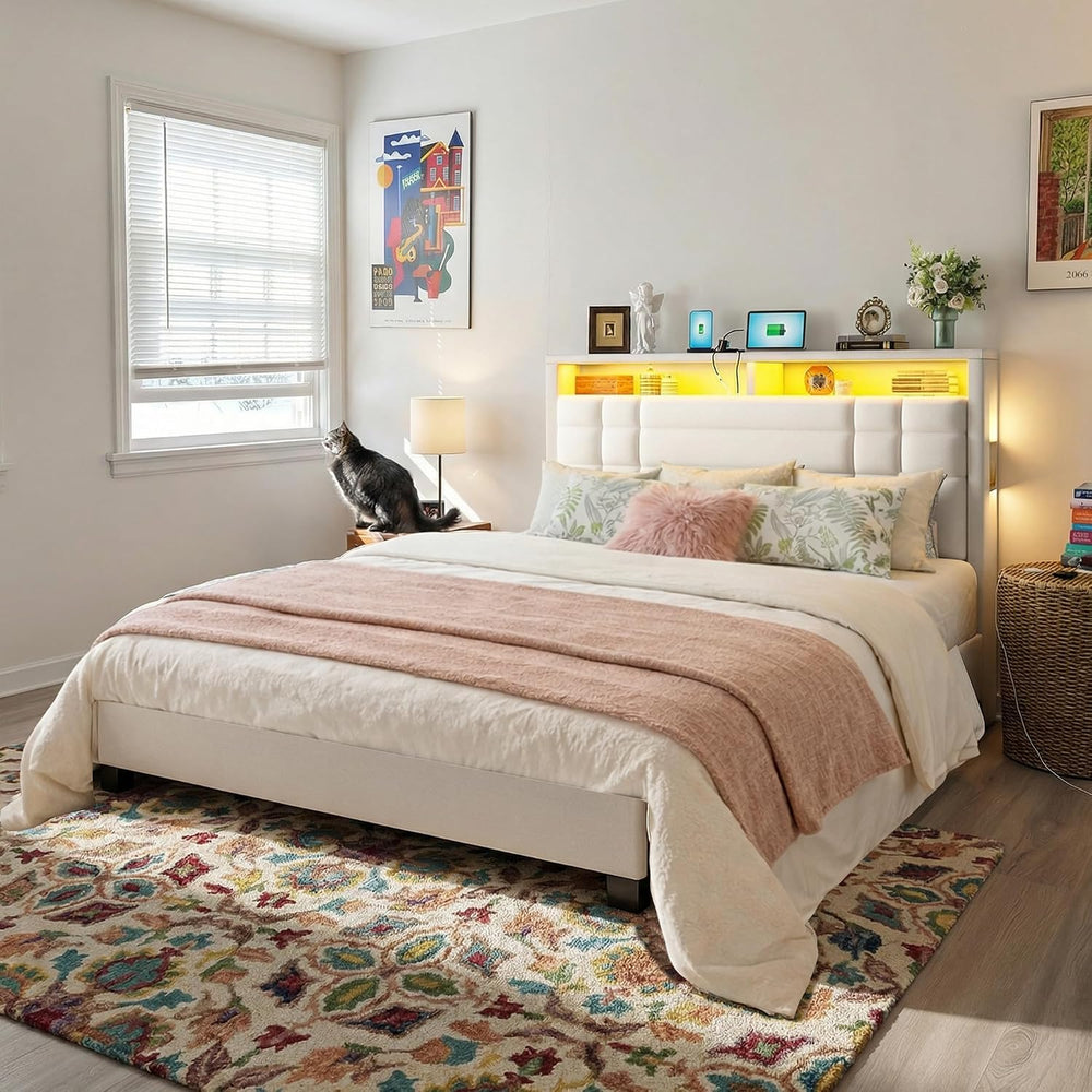 EnHomee Queen Upholstered Bed Frame with LED Lights & Charge Station, Beige