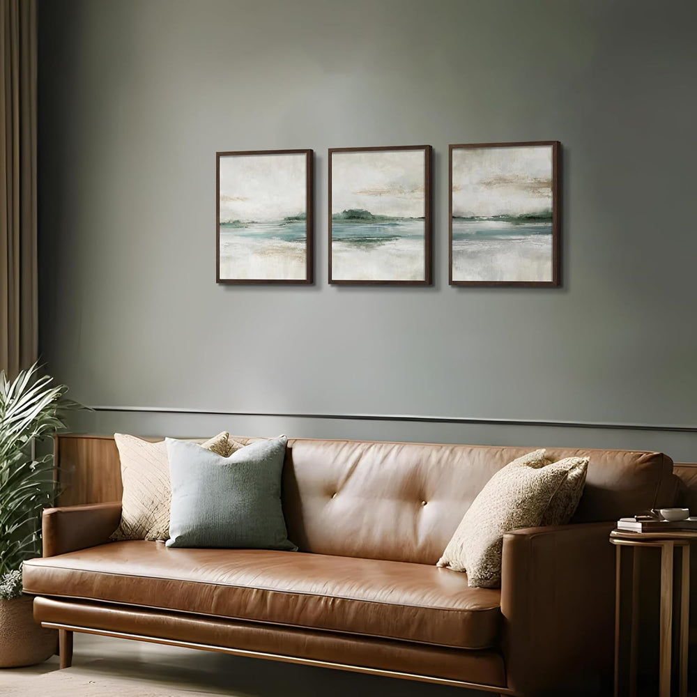 Abstract Wall Art Set of 3, Neutral Coastal Wall Decor, Blue Green Landscape ...
