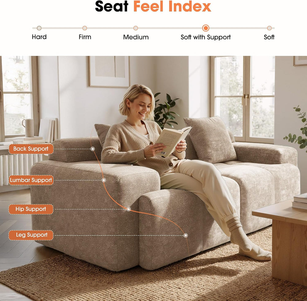 84" Modular Loveseat Couch, 30" Deep Seat Boneless Sofa, Khaki