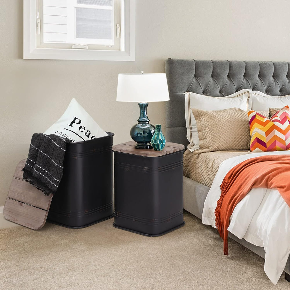 RUSTOWN Farmhouse Accent Side Table, Set of 2 Galvanized Storage Ottoman