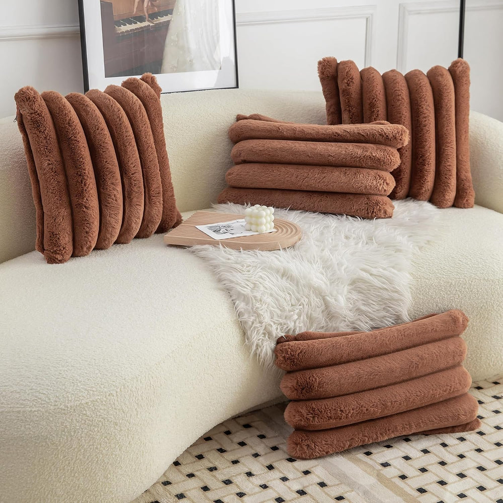 Neelvin Brown Faux Fur Cozy Soft Stripe Decorative Throw Pillow Covers 24x24 ...