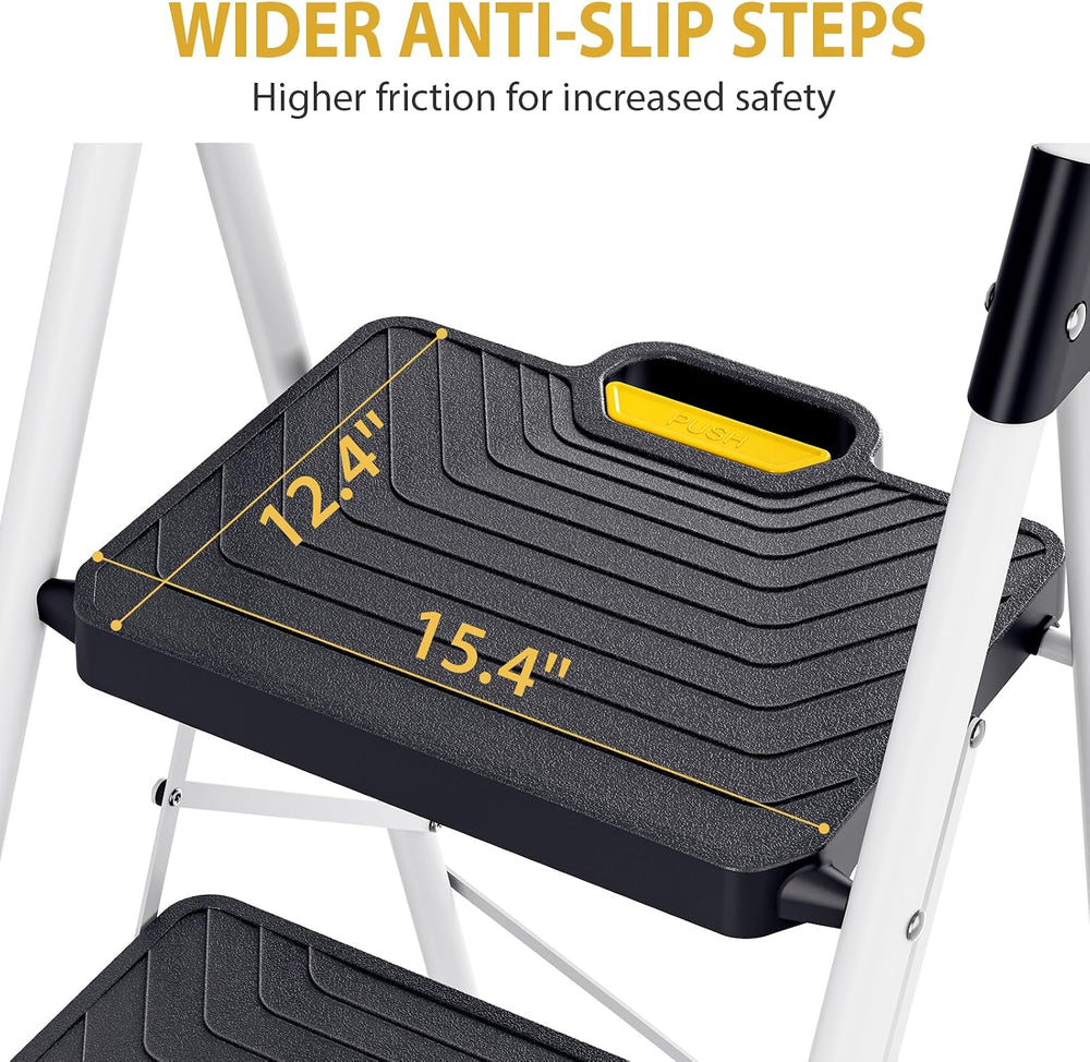 KINGRACK 3 Step Ladder, Folding Step Stool for Home and Kitchen, White