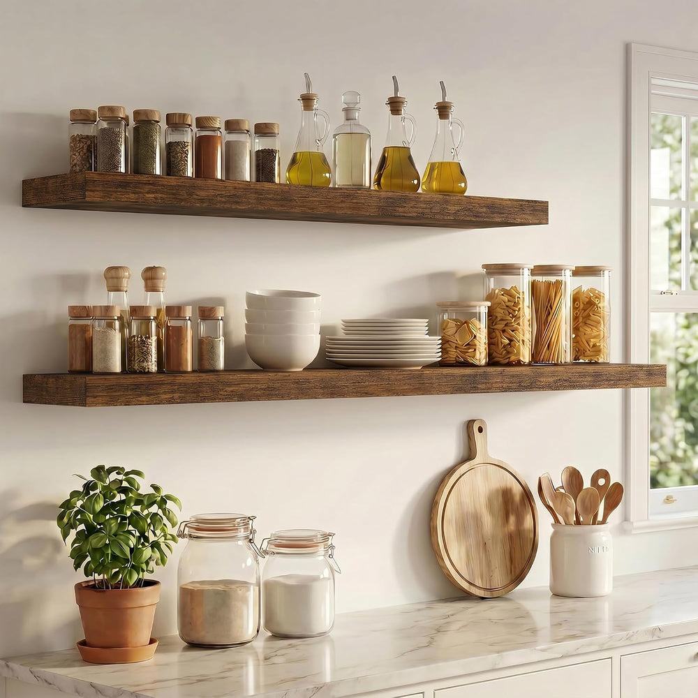 8 inch Deep Floating Shelves for Wall, 55" Wide, Rustic Brown, 2-Pack