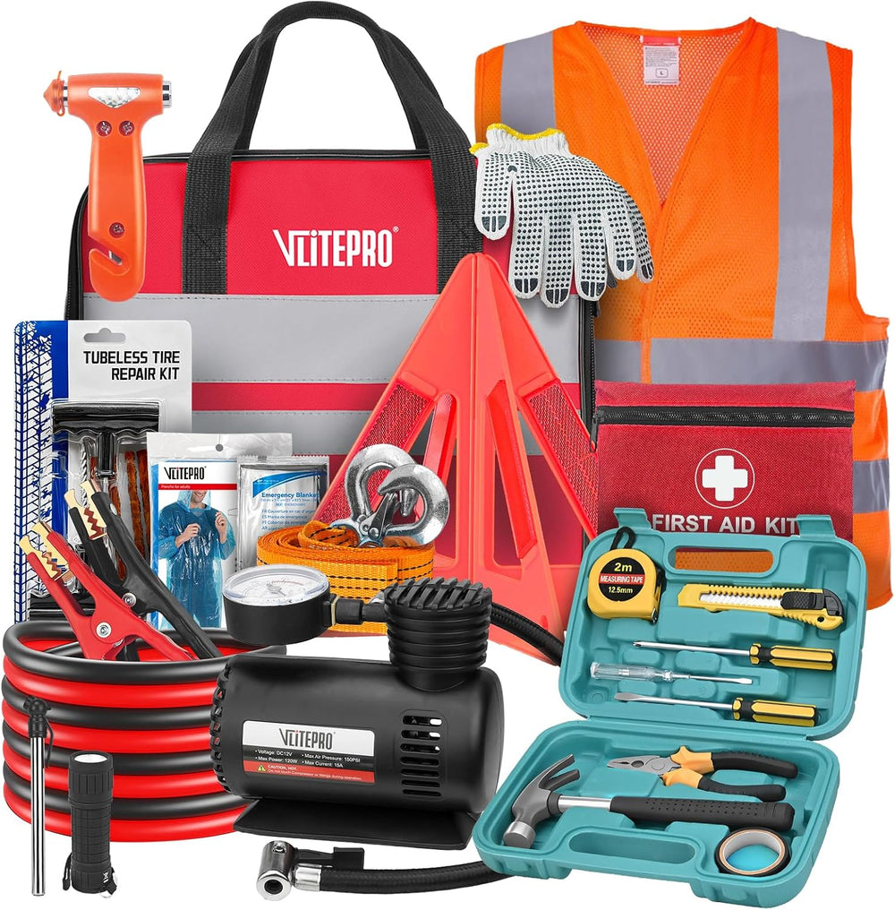 Roadside Emergency Car Kit for Vehicles, Car Emergency Kit with Jumper Cables...