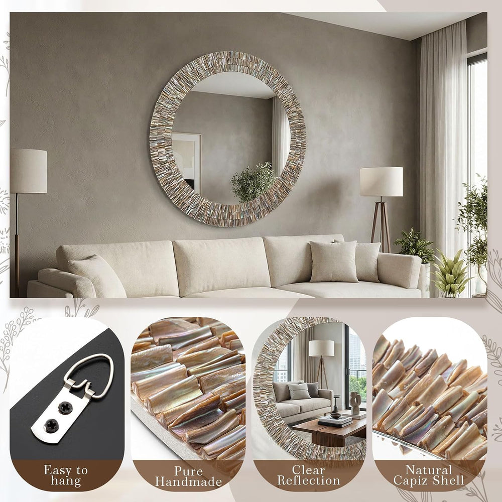 Sintuff Large 24 Inch Round Capiz Shell Mirror Coastal Seashell Wall Decor