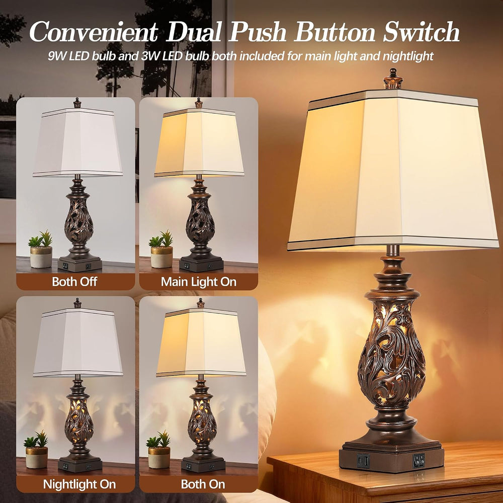 PARTPHONER 29" Table Lamps Set of 2, Bedside Lamps with USB A+C Ports &a...