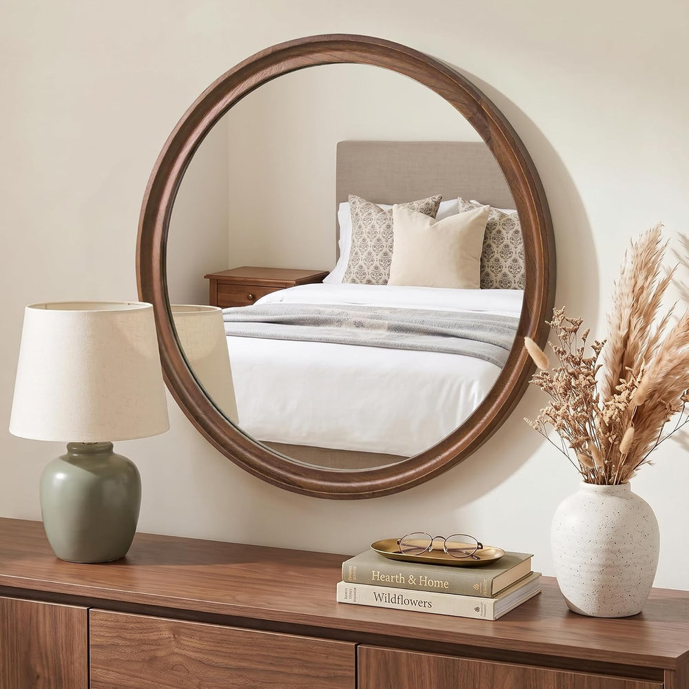 FICTOR Round Wood Mirror, 24" Circle Mirrors for Wall Decor, Walnut Brown