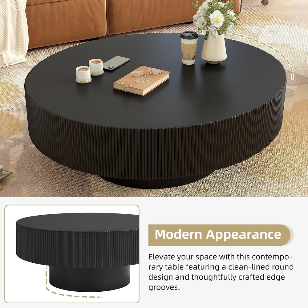 Merax Modern 31 Inch Fluted Round Coffee Table with Sturdy Base, Black