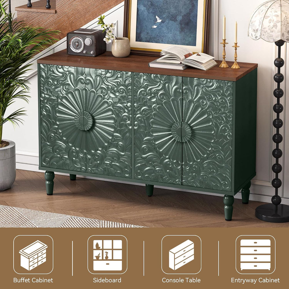 Accent Cabinet with 4 Vintage Carved Flower Doors, Green