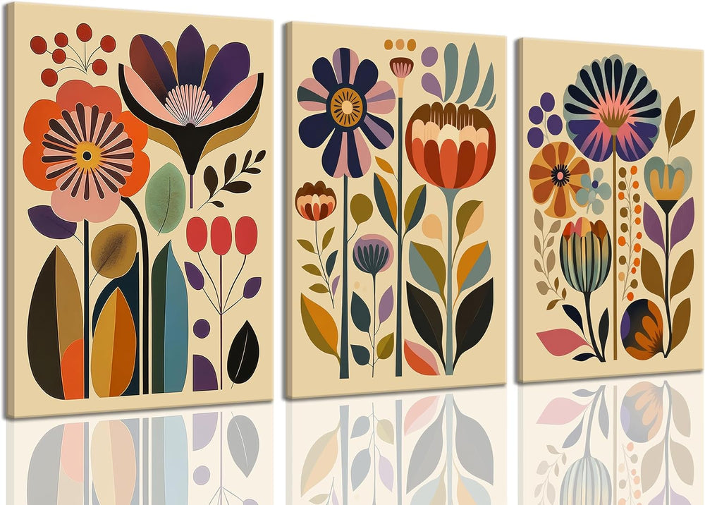 XIGBAWAN 3 Pcs Boho Floral Canvas Wall Art,Scandinavian Flower Wall Decor