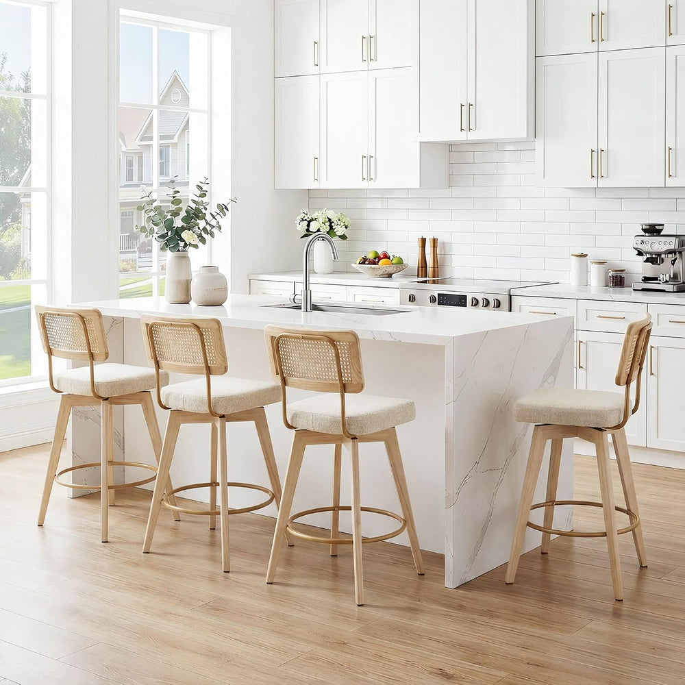 26" Swivel Boho Bar Stools Set of 4, Solid Wood, Rattan, Beige
