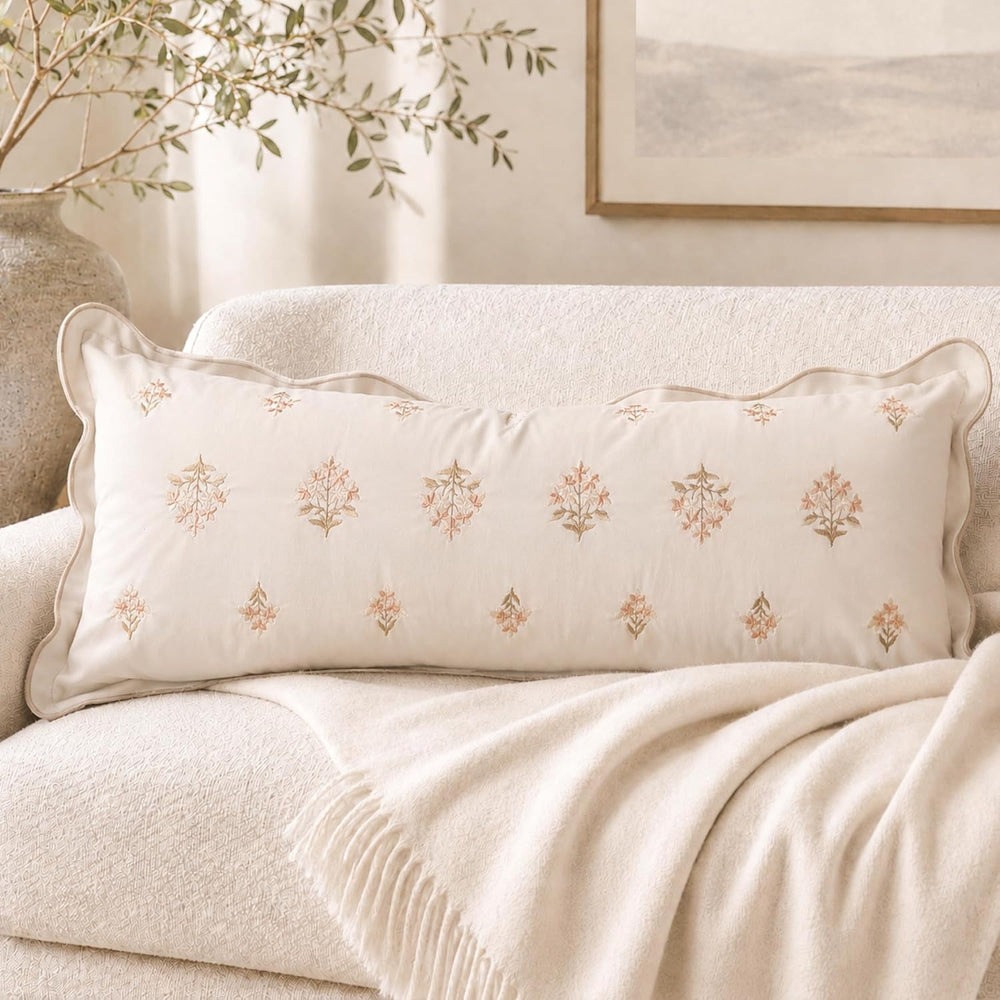 BlissBlush Long Lumbar Pillow Cover 14x36 for Bed, Cream White Velvet Decorat...