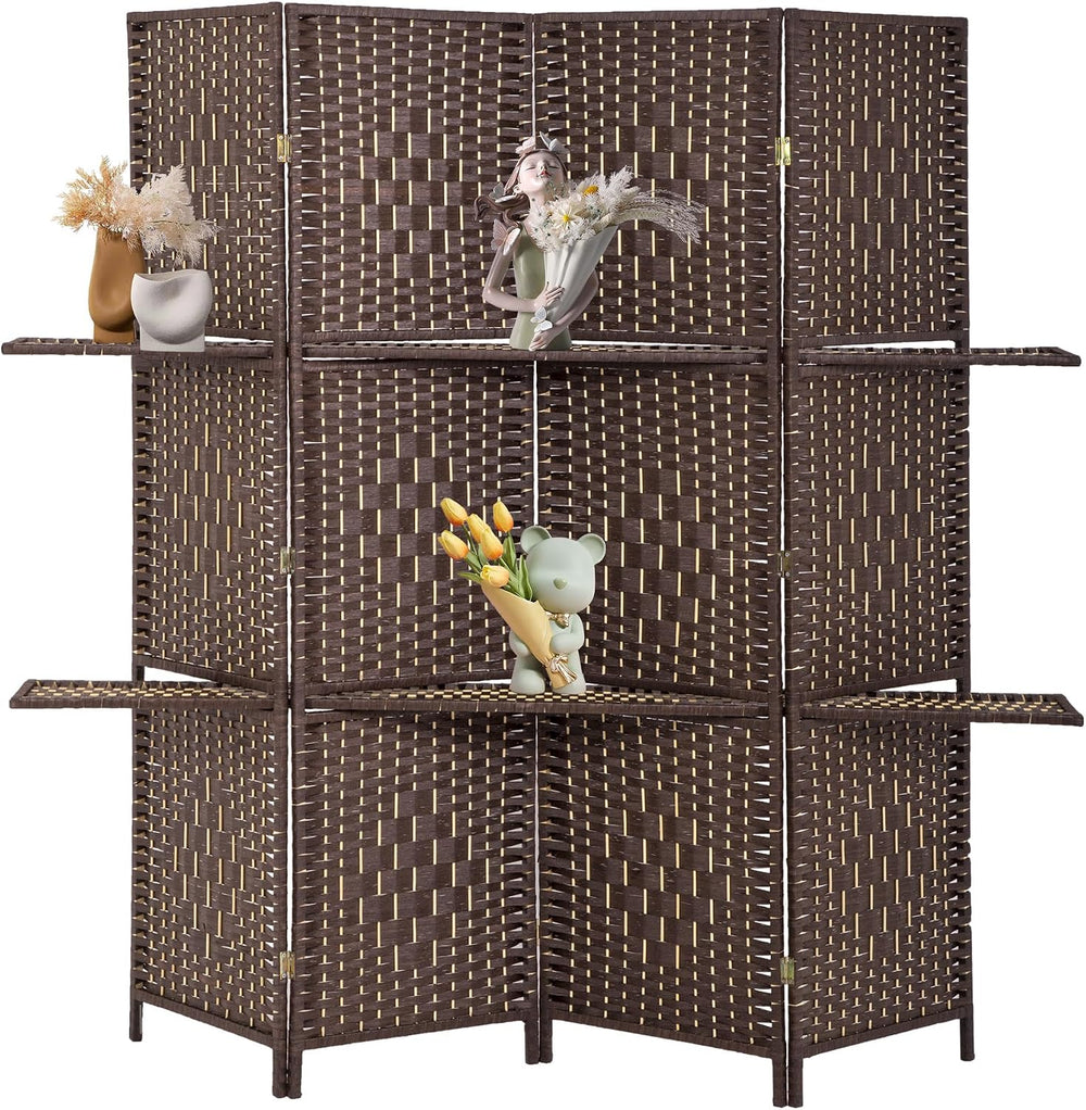 FDW | 4 Panel Folding Room Divider with Shelves | 5.9ft, Brown