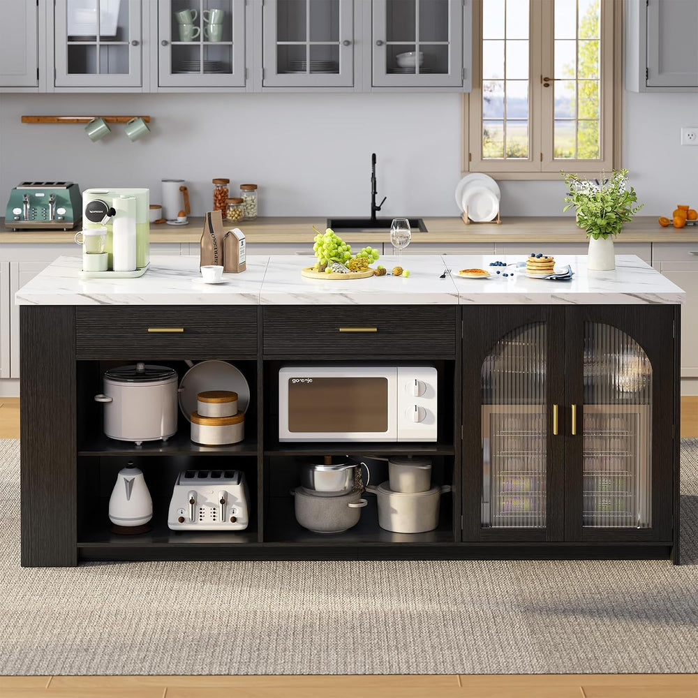 IBF 71" Modern Large Kitchen Island with Storage, White Faux Marble &...