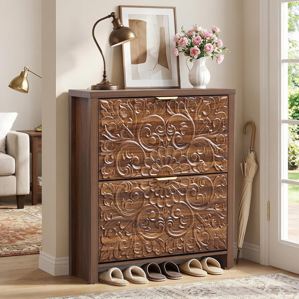Shoe Cabinet with Flip Drawers, Narrow Shoe Storage Cabinet, 2-Tier Hidden Sh...