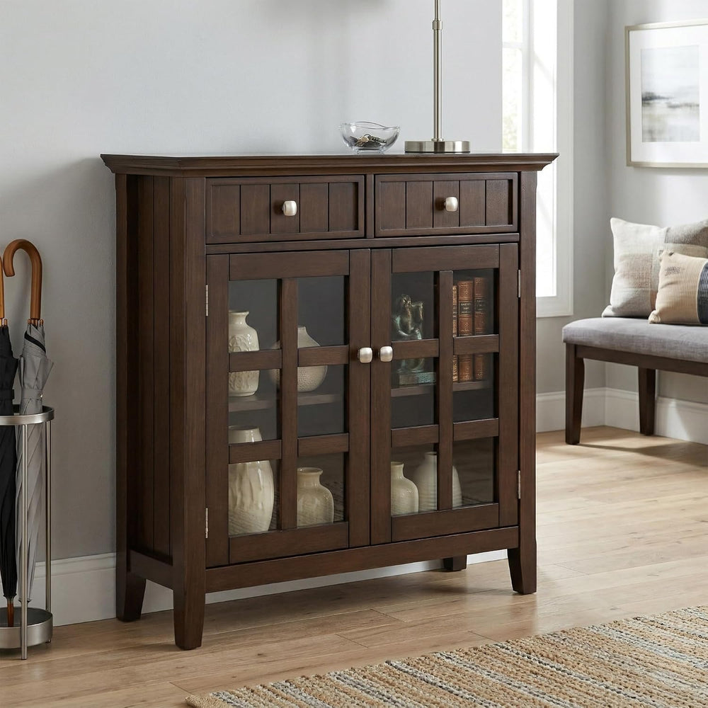 SIMPLIHOME Acadian 36" Wide Solid Wood Cabinet in Natural Aged Brown