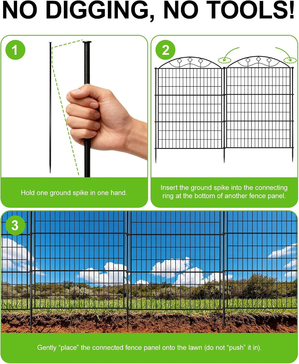 48in Extra Tall Garden Fence, 10-Panel Metal Animal Barrier, 24ft Long No Dig...