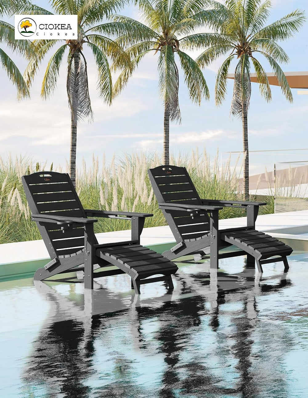 Ciokea HDPE Folding Adirondack Chair with Footrest,Black,6