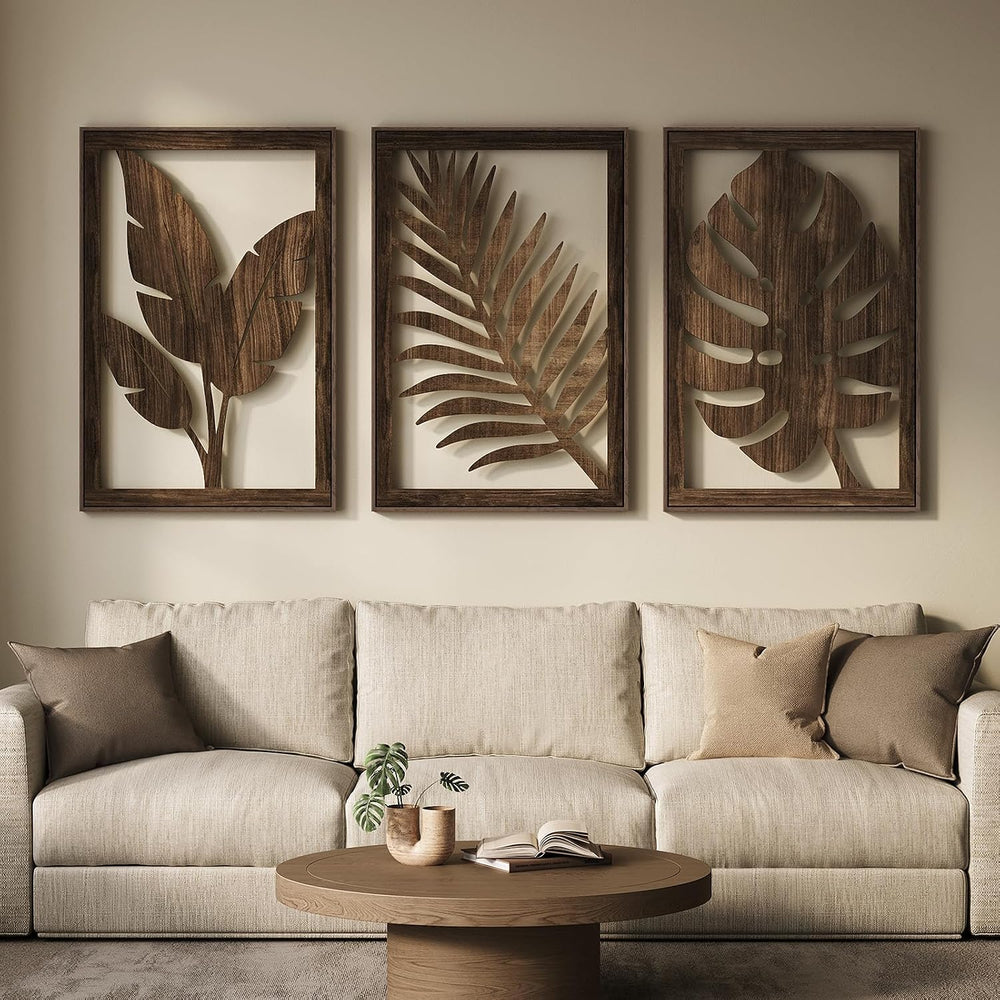Large Framed Boho Cutout Carved Wood Wall Art for Living Room, 24x36 Inch