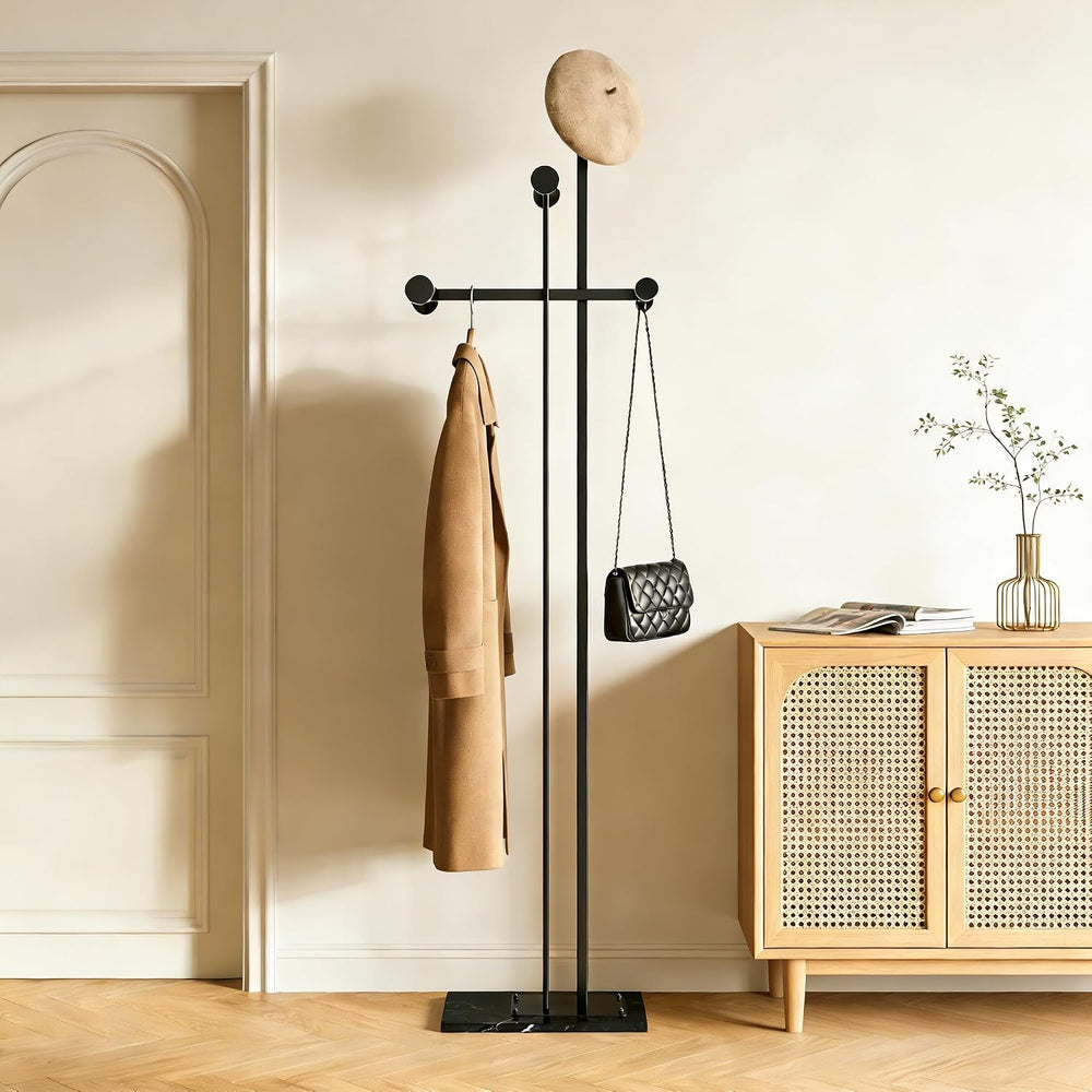JIAYUEJU Heavy Duty Coat Rack Freestanding Marble Base Coat Tree (Black)