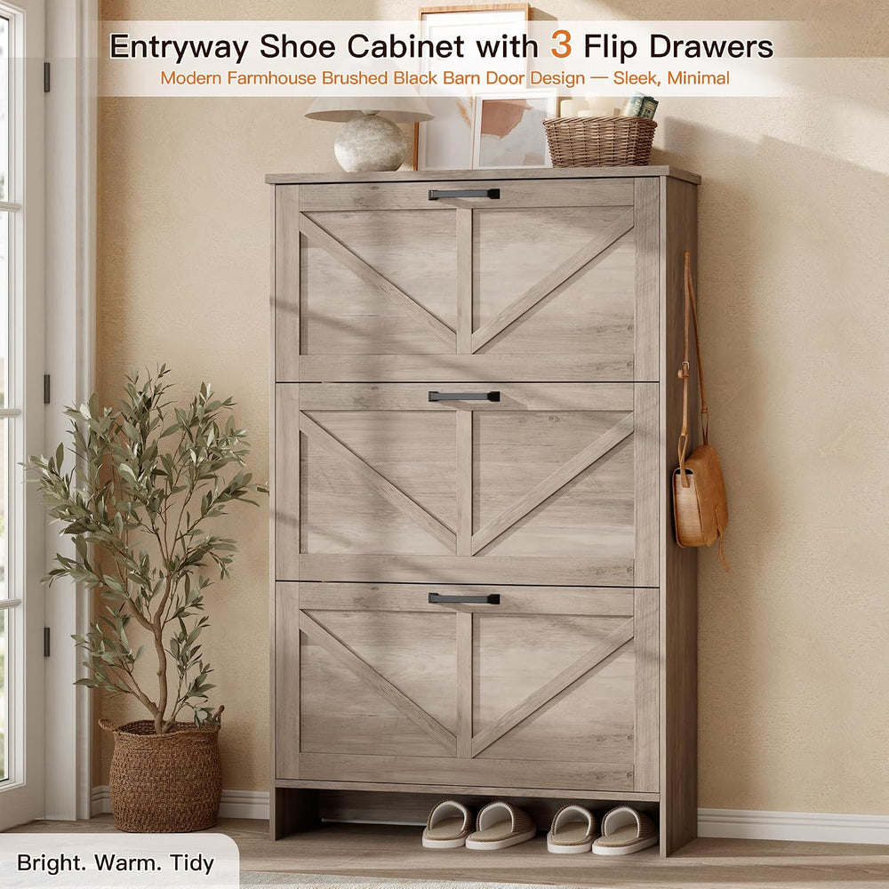 Nicetree Farmhouse Gray Shoe Cabinet – Ultra Slim 3-Drawer Flip Organizer wit...