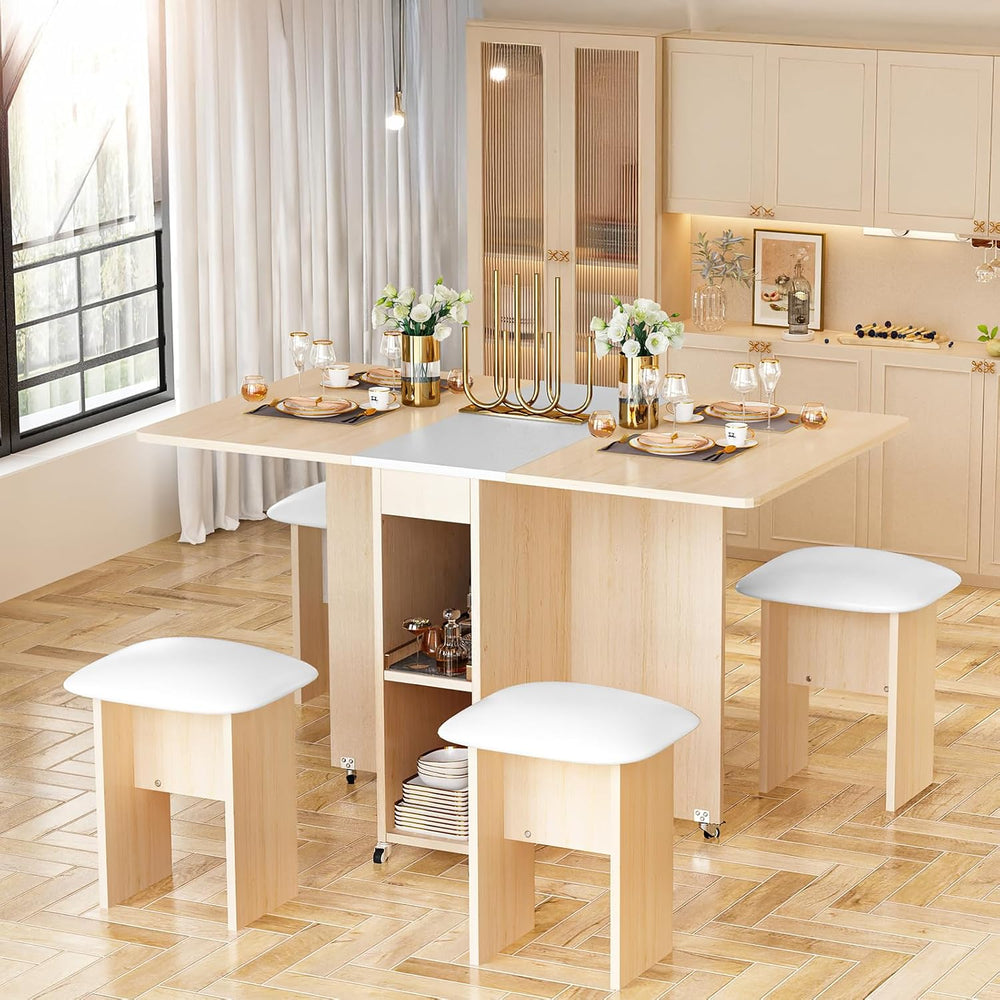 AWQM Folding Dining Table Set, Storage Folding Table & Chair, Beige White