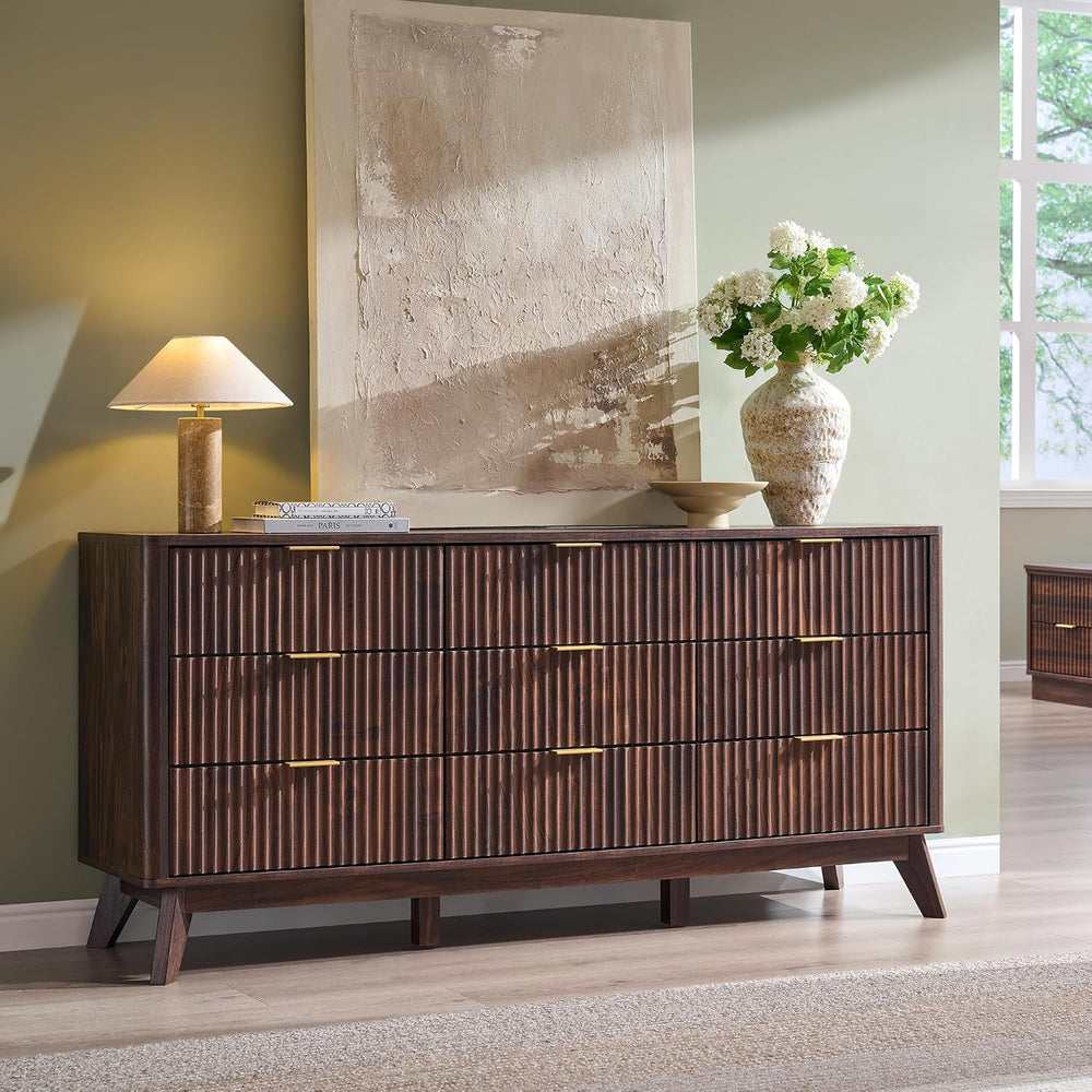 T4TREAM 63" Wide Fluted 9 Drawer Dresser for Bedroom, Dark Walnut