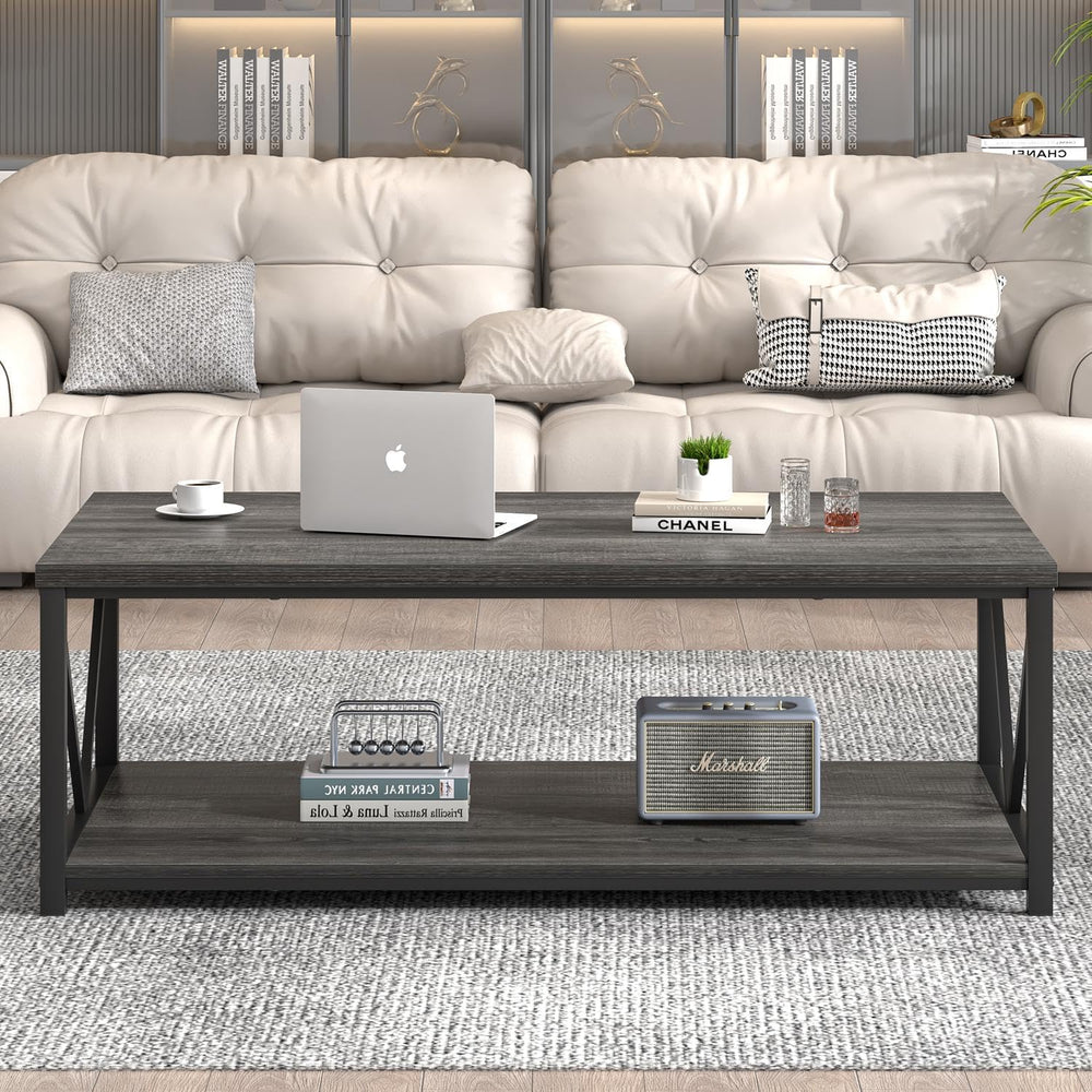 FOLUBAN Industrial Coffee Table with Storage Shelf, Modern Rustic Wooden and ...