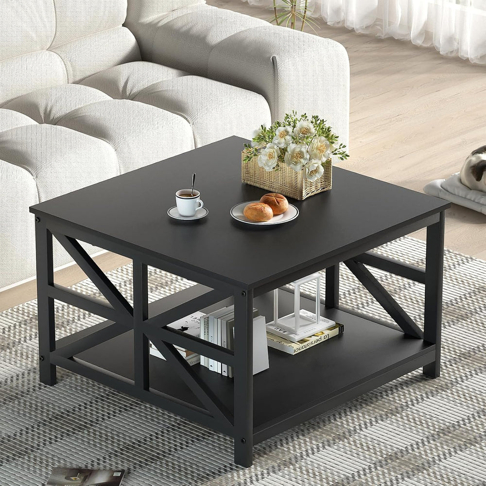 GreenForest 27.55 Inch Square Coffee Table with 2 Tier Storage
