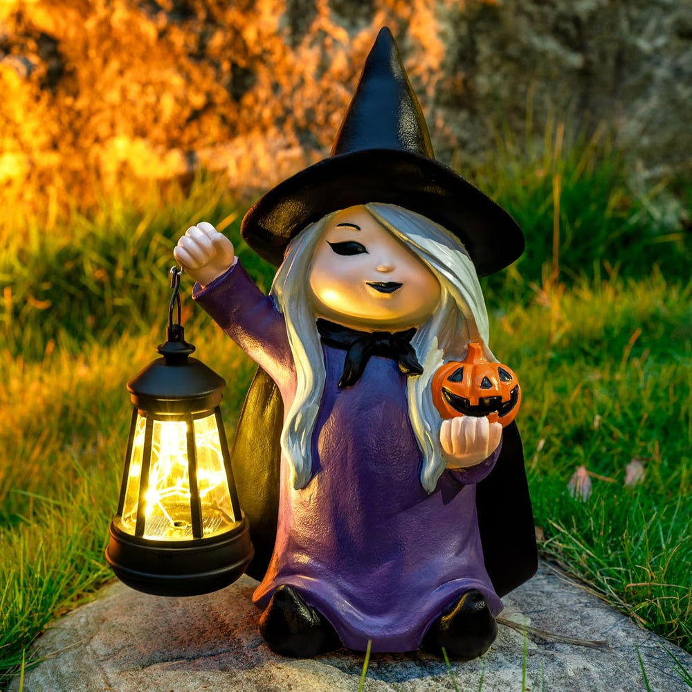 Halloween Witch Gnome Garden Statues with Pumpkin Solar Witch Gnome with LED ...