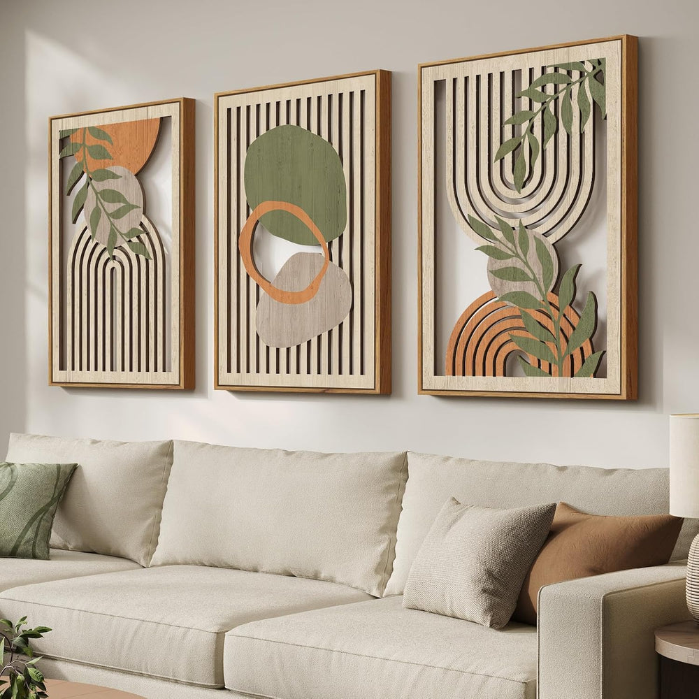 Framed Boho 3D Cutout Carved Wood Wall Art Decor for Living Room, 24x36 In