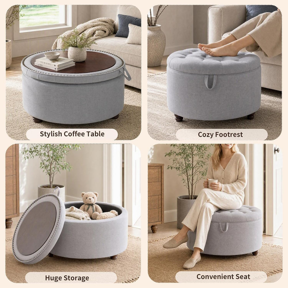 30" Round Storage Ottoman Coffee Table, Tufted Lid & Wood Top, Gray