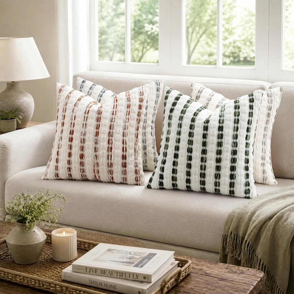 decorUhome Chenille Tufted Stripe Throw Pillow Covers 20x20 Set of 2 Beige