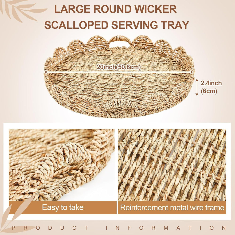 20" Round Wicker Serving Tray with Handles, Scalloped Rim, Seagrass