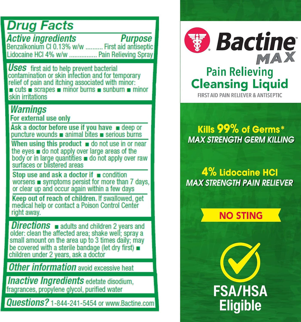 Bactine MAX First Aid Spray, Pain Relief Cleansing Spray, 5 oz (4 Pack)