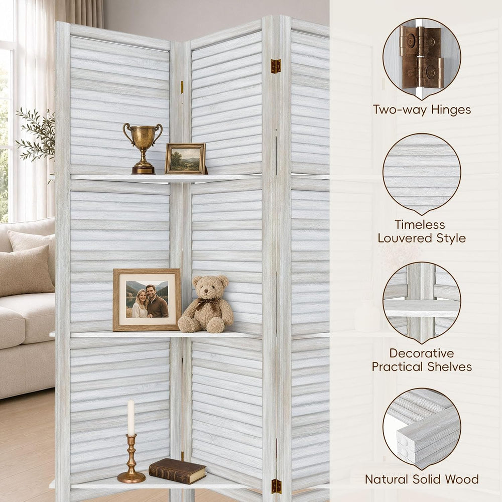 TEAKMAMA Room Divider, Room Divider with Shelves, 4 Panel,Distressed White