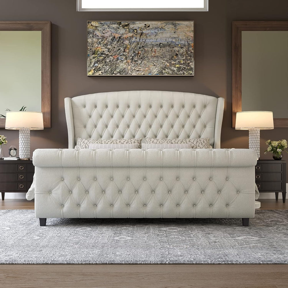 AMERLIFE King Size Upholstered Sleigh Platform Bed Frame with Headboard