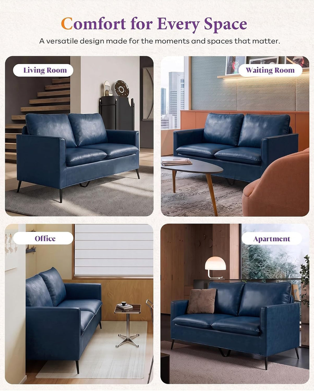 TYBOATLE Leather Loveseat Sofa and Accent Chair Set (Blue, 2)