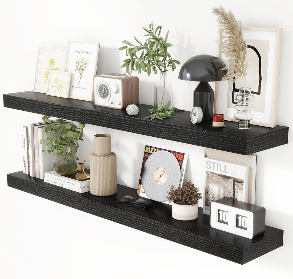 Heimlove 48 Inch Floating Shelves for Wall 8 Inch Deep Black Shelves Set of 2...