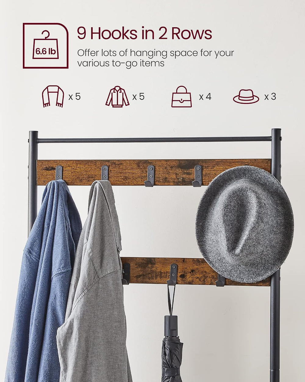 VASAGLE Coat Rack, Hall Tree with Shoe Storage Bench, 3-in-1, Steel Frame