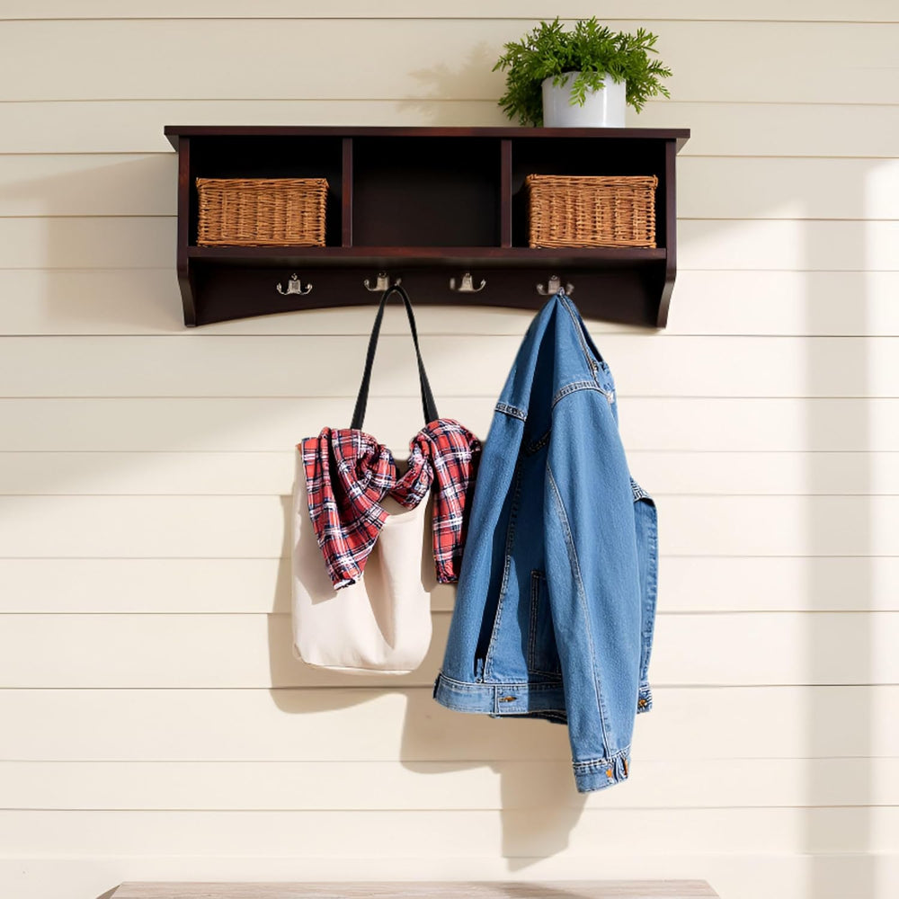 Alaterre Shaker Cottage Wall-Mounted Coat Rack with Cubbies, Espresso, 36”