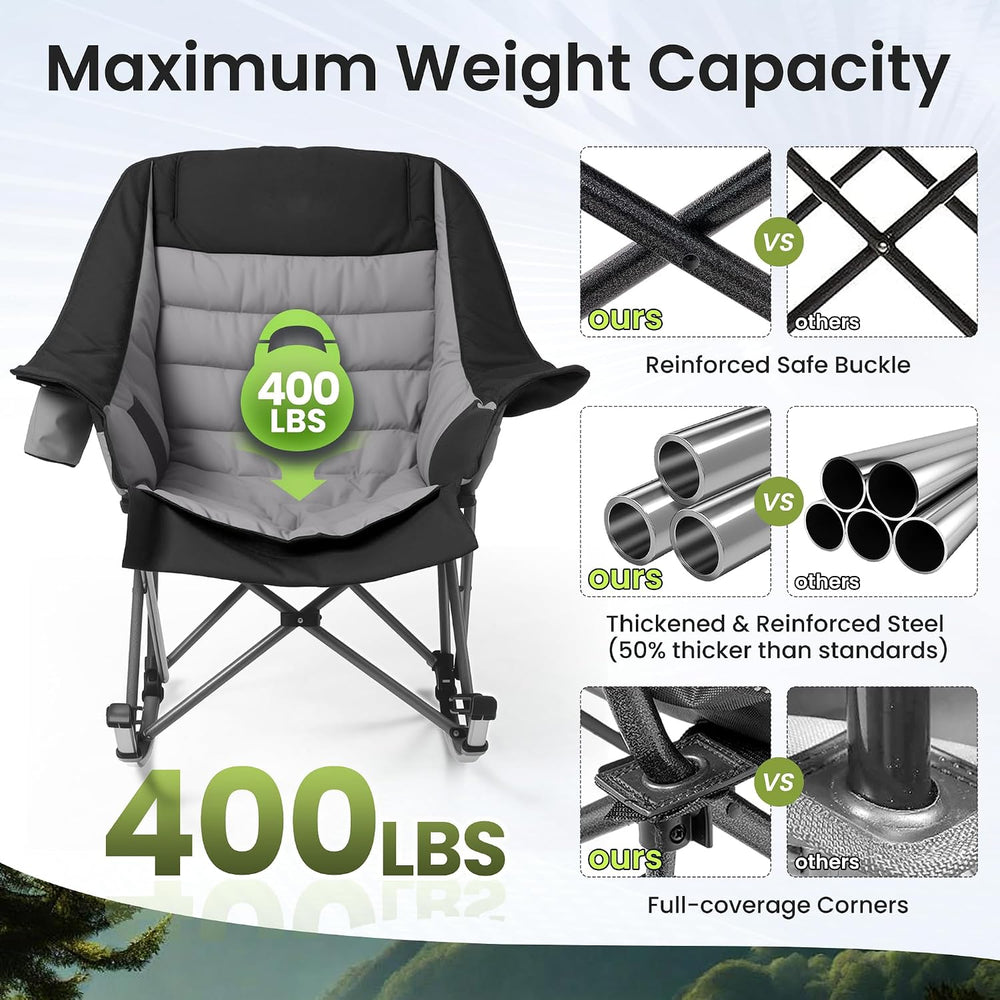 SUNW Oversized 400lbs Foldable Rocking Camping Chair with Cup Holder Side Poc...