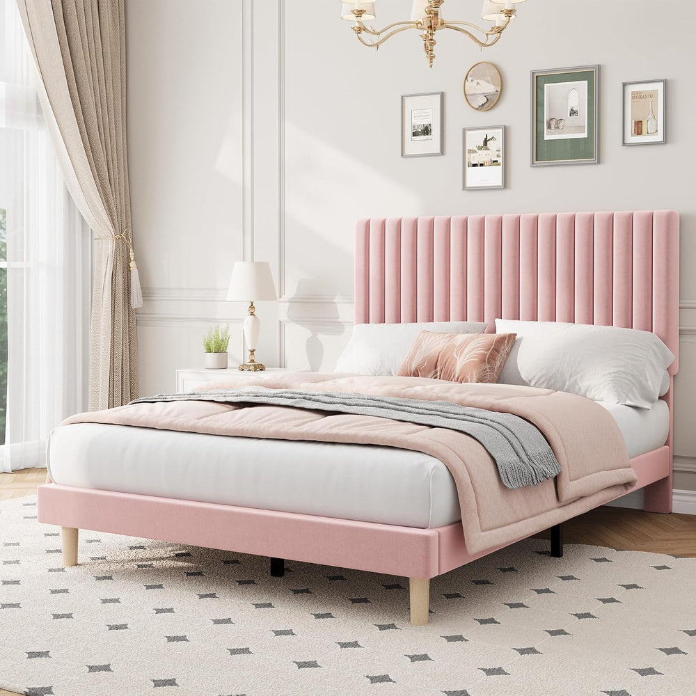 Full Bed Frame with Adjustable Headboard, Velvet Upholstered Platform Bed