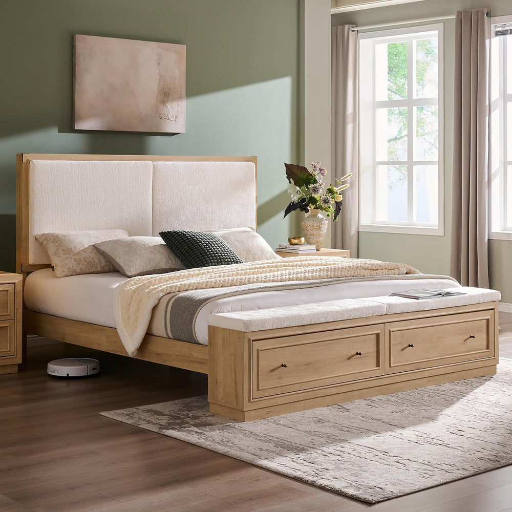 ACCOHOHO King Bed Frame w/Upholstered Headboard,Storage Bench,Natural Oak
